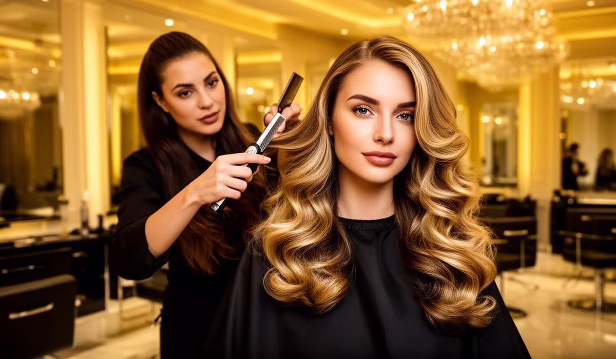 Friseurin beim Styling eines Damenhaarschnitts im Friseursalon in Konstanz